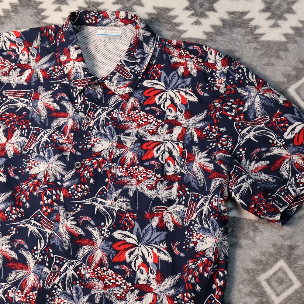 Columbia PFG Americana Palm Marlin Shirt Mens Large Navy Red White FM7011